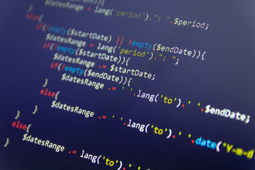 Modern web development background. Abstract pieces of PHP code of sale system.