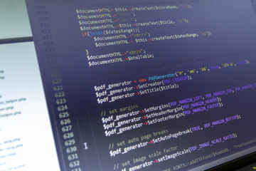 Modern web development background. Abstract pieces of PHP code of sale system.