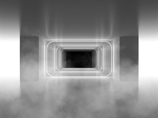 In the background - an empty tunnel, the room is lit by neon light. Background of empty space. Concrete coating, laser square figure in the center of the room. 3d illustration