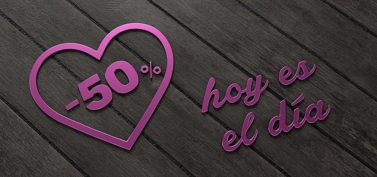 D&iacute;a de San Valent&iacute;n, descuento del 50% con eslogan "Hoy es el d&iacute;a". Motivos rosas metalizados sobre fondo madera.