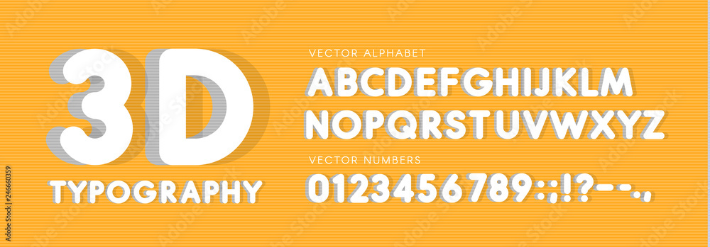 Poster 3D rounded vector letters and numbers set. Big headline style latin alphabet. White voluminous vector font. ABC with shadows. Monogram and poster template. Typography design.
