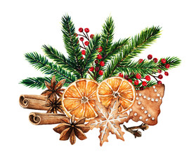 Merry Christmas, fir branches, red berries,gingerbread, orange,spices,card for you, handmade,watercolor illustrations