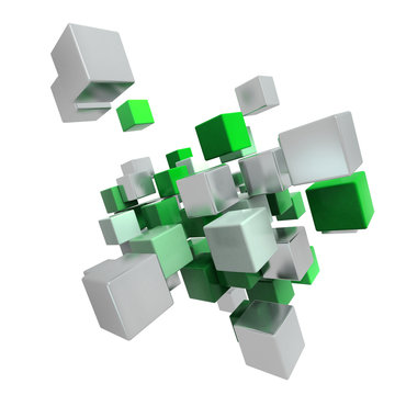 Flying green and metallic cubes