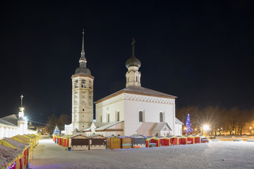 Resurrection Church on the market square in Suzdal in the New Year's holidays. Russia, Suzdal. The Golden Ring.