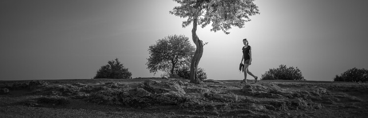 Tourist woman exploring landscape in italy with an olive tree