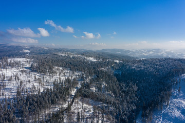 Obraz premium Winter scenery in Silesian Beskids mountains. View from above. Landscape photo captured with drone. Poland, Europe.
