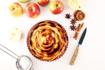 Apple tart. Gourmet traditional holiday apple pie sweet baked dessert food with cinnamon and apples...
