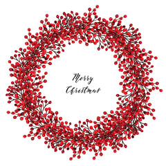 Obraz premium Merry Christmas,wreath, red berries, handmade,watercolor illustrations,card for you