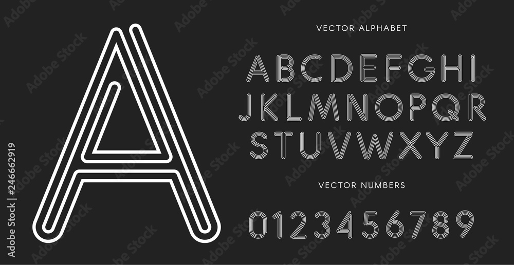 Poster line letters and numbers set on black background. monochrome vector latin alphabet. lacing white fon