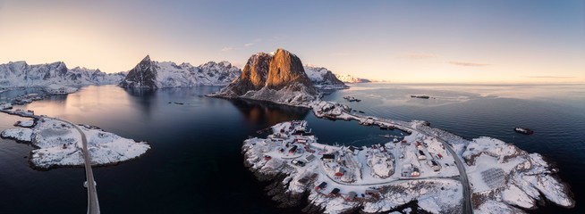 Panorama aerial view of archipelago of arctic ocean with fishing village in winter © Mumemories