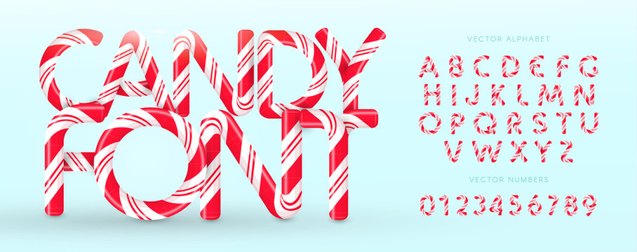 Candy font. Vector alphabet and numbers. Sweet candy, lollipop latin letters. White letters with red stripes. Circus and clown monogram and poster template. Typography design.