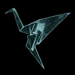 The origami crane isolated from the background. East art of origami. Paper bird. Hand drawn, ink, graphics, vintage illustration.