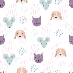 Funny cartoon seamless pattern with cute gray mice, brown dogs and purple cats heads on white background. Childish texture with pets for kids design, wallpaper, textile, wrapping paper