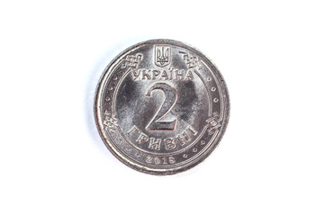 new coin in denomination of two hryvnia on white background isolate