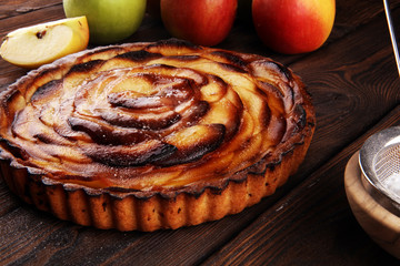 Apple tart. Gourmet traditional holiday apple pie sweet baked dessert food with cinnamon and apples...
