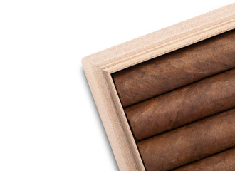 detail of a box of Cuban cigars on an isolated background. Space for text and copy paste