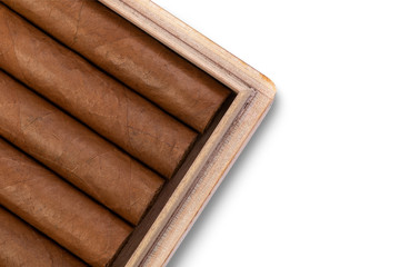 detail of a box of Cuban cigars on an isolated background. Space for text and copy paste