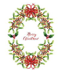 Christmas watercolor illustration,Garland,mistletoe,red berries,red ribbon,handmade,card for you