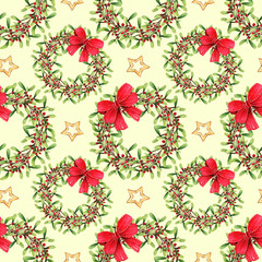 Christmas watercolor illustration,wreath of mistletoe,red bow, red berries,card for you,handmade,seamless pattern,light background