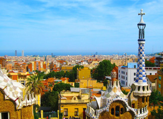 Park Guell by architect Antoni Gaudi in Barcelona, Spain.  Panorama of city of Barcelona