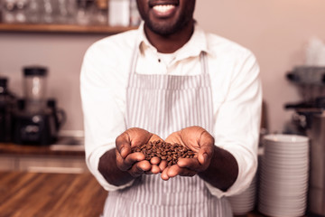 Selective focus of coffee beans in male hands