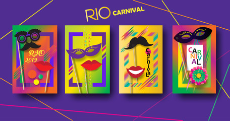 Rio Carnival festive posters set. Musicians, confetti fireworks, mask, masquerade. Festival abstract colorful geometric banner. Brazilian, Venetian, Mardi Gras, Samba wallpaper vector