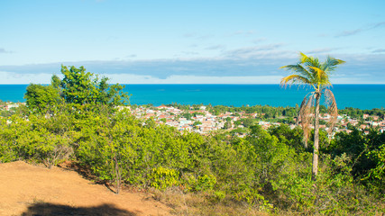 Fototapeta na wymiar A view of Itamaraca island from a hill - atlantic forest and atlantic ocean in the background (Ilha de Itamaraca, Brazil)