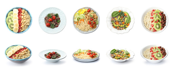 Set of healthy quinoa dishes isolated on white