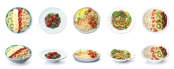 Crédence de cuisine en verre imprimé Légumes frais Ensemble de plats de quinoa sains isolés sur blanc