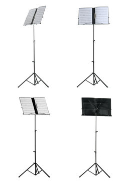 Set of music stands with note sheets on white background