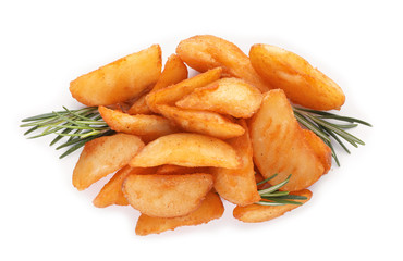 Baked potatoes with rosemary on white background, top view
