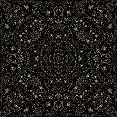 Elegant ornament in ancient Arabic style. Classic gold pattern on black background.