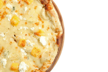 Hot cheese pizza Margherita on white background, top view. Space for text