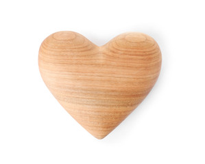Wooden heart on white background, top view