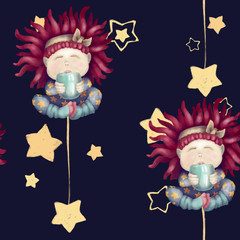 A girl with red hair. Baby with a mug. isolated on dark blue background. seamless pattern good night sweetheart