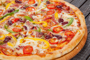  appetizing, fresh pizza on the table, for a design decoration in cooking