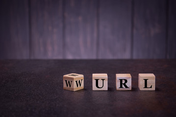 The letters abbreviation url www on wooden cubes, on a dark background, light wooden cubes signs,...