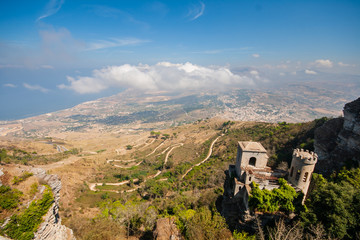 Panoramic view taken from historic town Erice located at the top of Erice Mountain, clouds over...