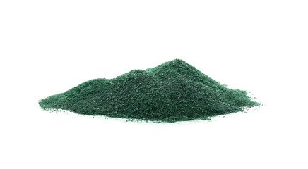 Heap of spirulina algae powder on white background