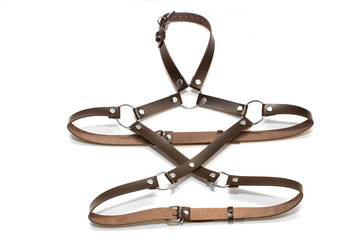 Leather belt brown for a girl on a white background.