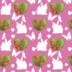 Seamless pattern on pink background. Silhouettes of rabbits and green plant hearts. Love