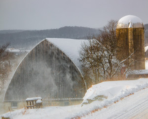 snowy weathered gray barn, silo, and bare trees with blowing snow 