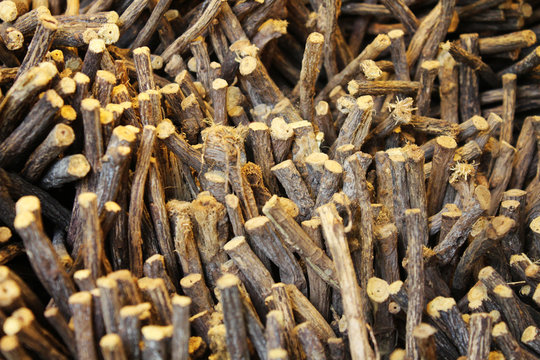 Licorice roots in a basket, natural product