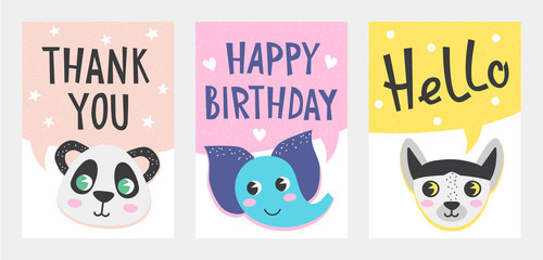 Set of cute greeting card and banner with animals in nordic style, stamp texture. Vector illustration with hand draw lettering for design and print.