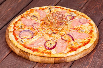  appetizing, fresh pizza on the table, for a design decoration in cooking