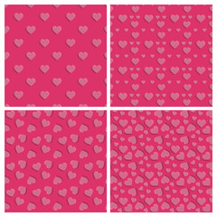 Set of 4 seamless repeat patterns -white striped hearts with dark red shadow on a bright red background.