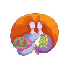 Abstract vector design of two hugging women with flower bouquets. Element for 8 March postcard