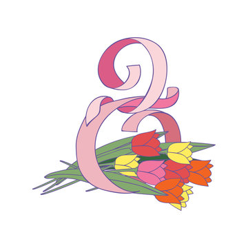 Figure eight made of pink ribbon and beautiful tulip flowers. International Women s day. 8 March. Vector design