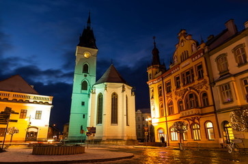 Fototapeta na wymiar Center of Vodnany in winter night, Czech republic.