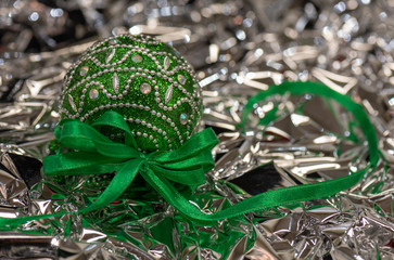 Green and Silver Christmas Ornament Closeup